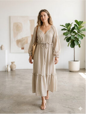 The Mint boho Neutral Textured Gauze Bishop Sleeve Tiered Ruffle Cottagecor